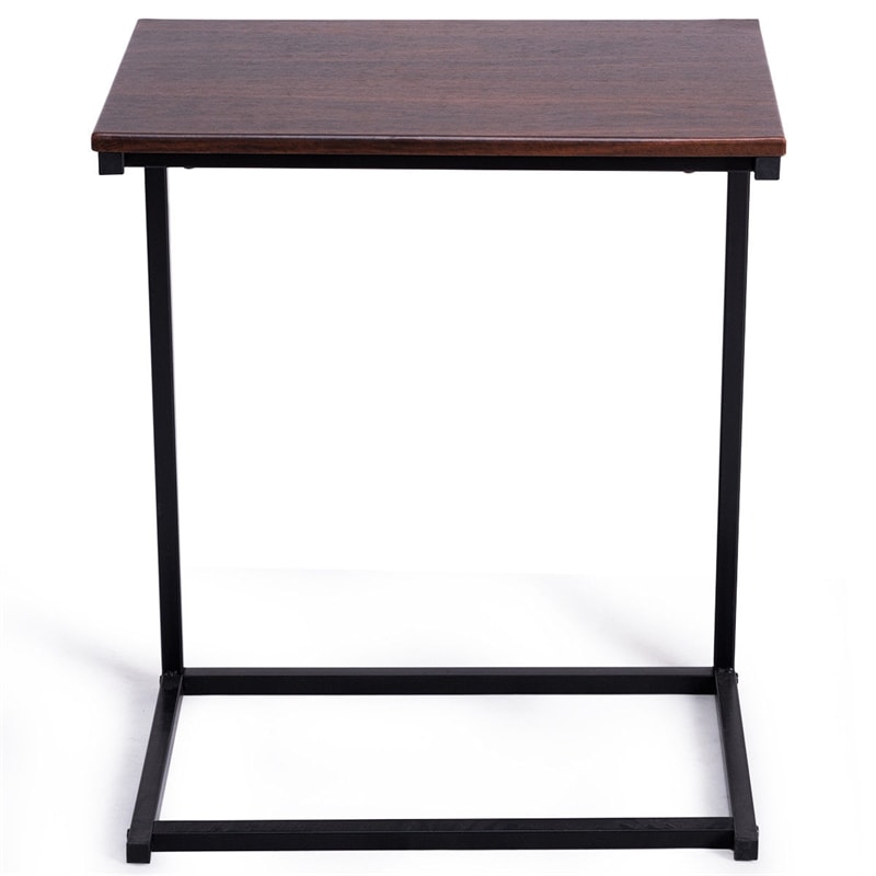 Sofa Side Table, C-Shaped End Table with Wooden Top & Steel Frame, Vintage Couch Table for Coffee, Laptop, Snack, Living Room TV Tray Table