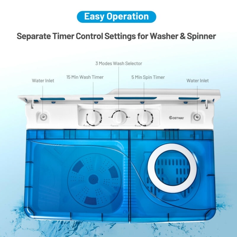 Portable Washing Machine 26LBS Semi-automatic Compact Twin Tub Washer Spin Dryer with Built-in Drain Pump