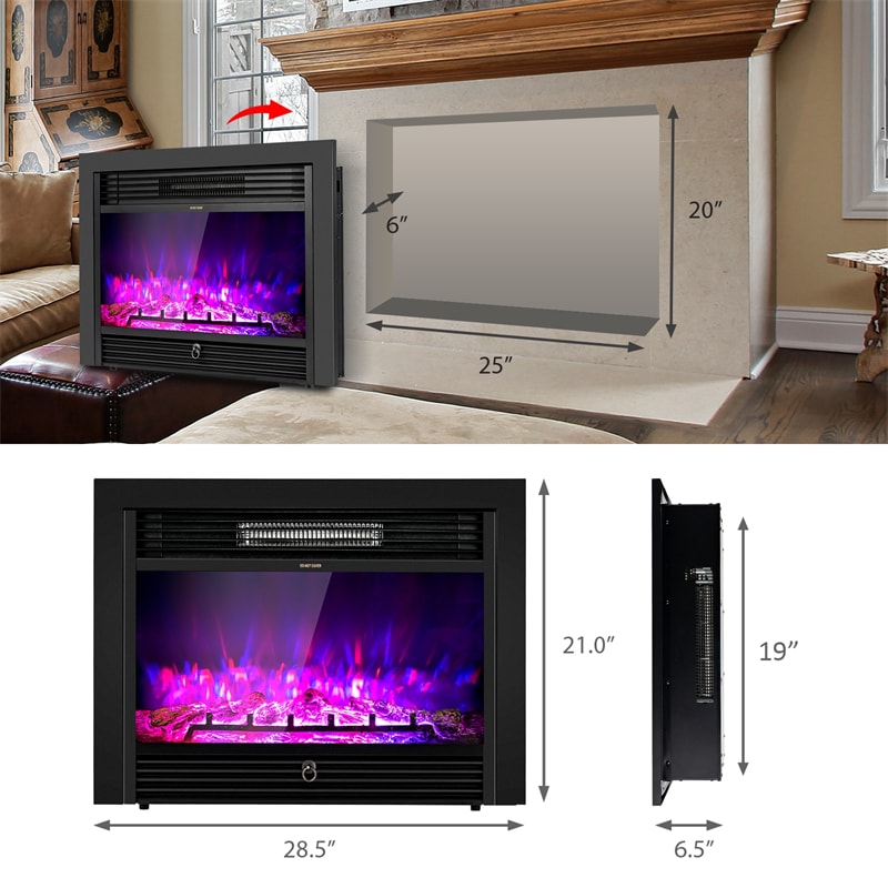 28.5" Electric Fireplace Insert 750W/1500W Wall Mounted Standing Recessed Fireplace with Remote Control & 3 Color Flame Adjustable