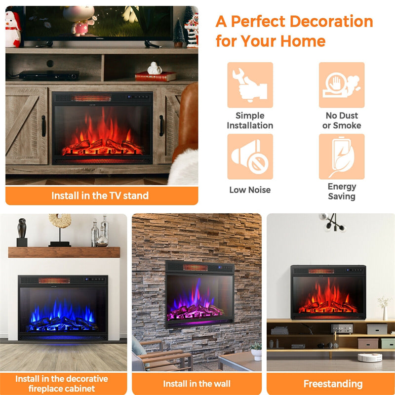 28" 1350W Recessed Electric Fireplace Insert Stove Heater with Remote Control