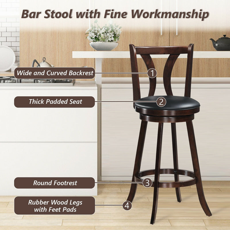 29" Bar Stools Set of 2 360° Swivel High Back Bar Height Stools with Leather Padded Seat & Solid Rubber Wood Legs