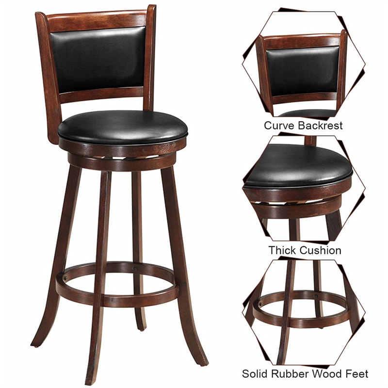 29" Swivel Bar Stools Set of 2 Wood Upholstered Bar Height Dining Chairs with Ergonomic Backrest