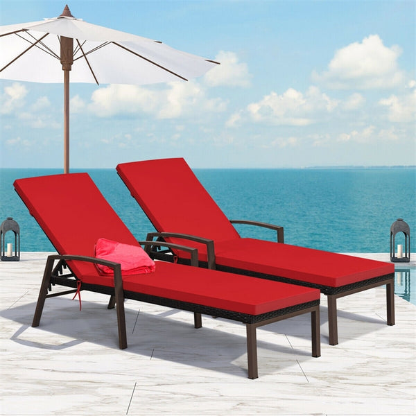 2PCS Wicker Outdoor Chaise Lounge Chairs with Cushions & 5 Adjustable Backrest, PE Rattan Patio Sun Loungers for Poolside, Backyard, Deck
