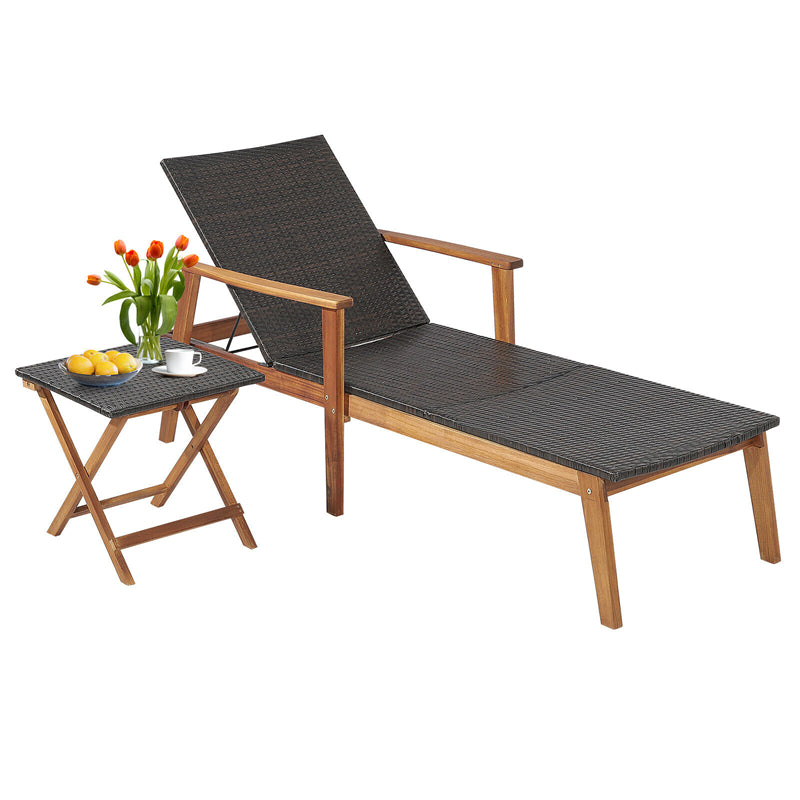 2-Piece Outdoor Wicker Chaise Lounge & Table Set 4-Position Adjustable Patio Recliner Chair with Folding Side Table & Acacia Frame