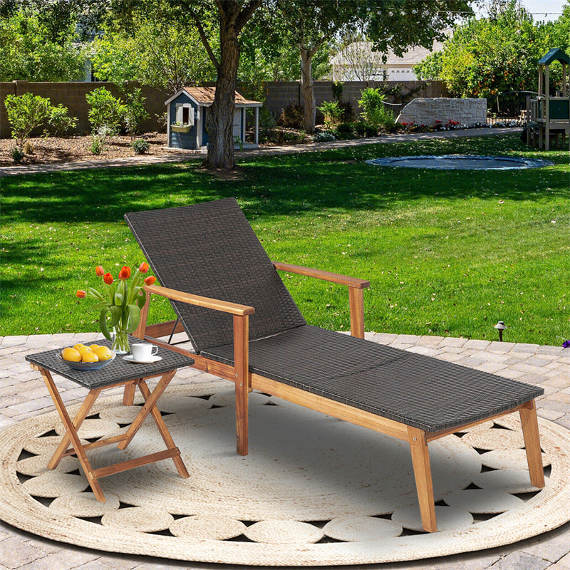 2-Piece Outdoor Wicker Chaise Lounge & Table Set 4-Position Adjustable Patio Lounge Chair with Folding Side Table & Acacia Frame