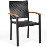 2 Pcs Wicker Stackable Outdoor Chairs PE Rattan Patio Dining Chairs with Galvanized Steel Frame & Acacia Wood Armrests