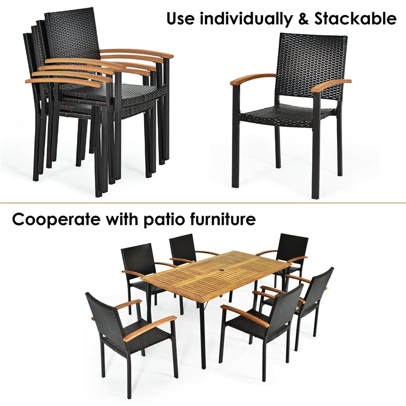 2 Pcs Stackable Outdoor Armchairs Patio PE Rattan Dining Chairs with Galvanized Steel Frame