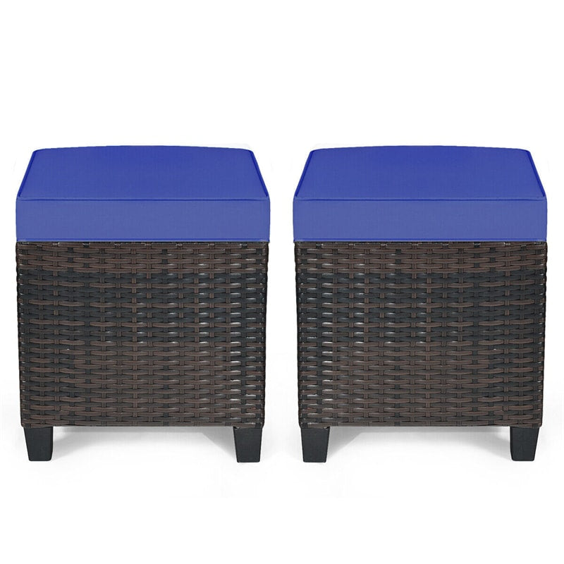 2Pcs Patio Rattan Ottomans Outdoor All Weather Wicker Cushioned Seat Foot Rest Ottomans