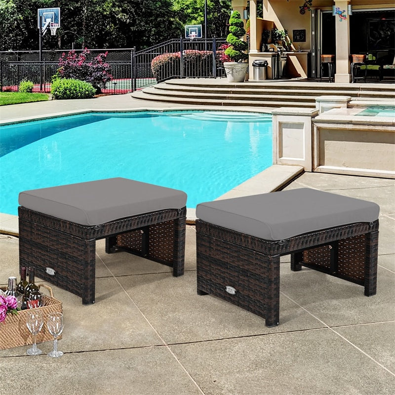2 Pieces Patio Rattan Ottomans All Weather Outdoor Footstools Footrest Seats with Cushions