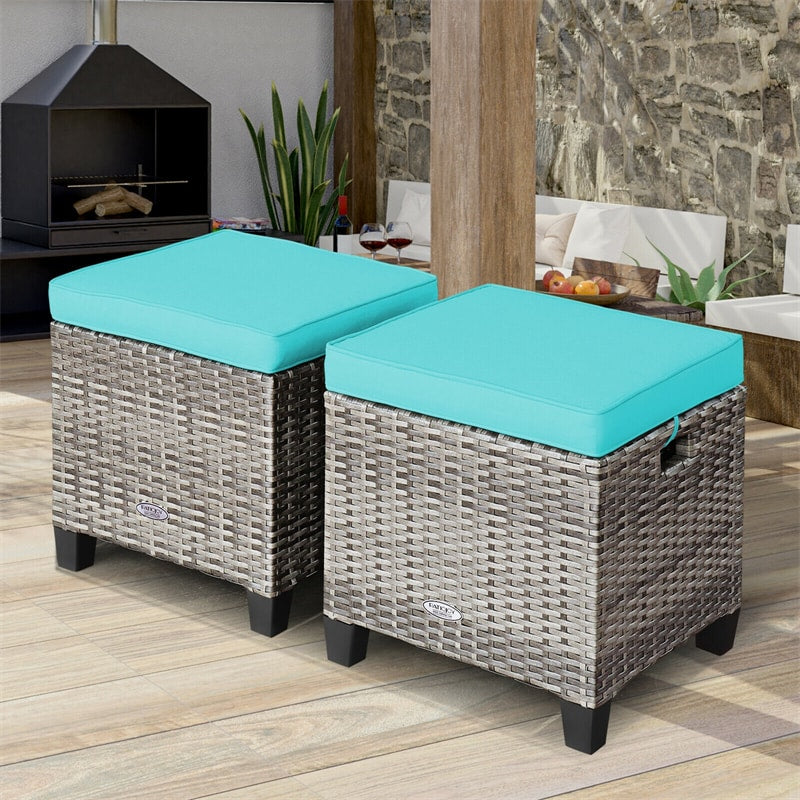 2 Pieces Wicker Patio Ottomans Outdoor Rattan Footstools with Removable Cushions