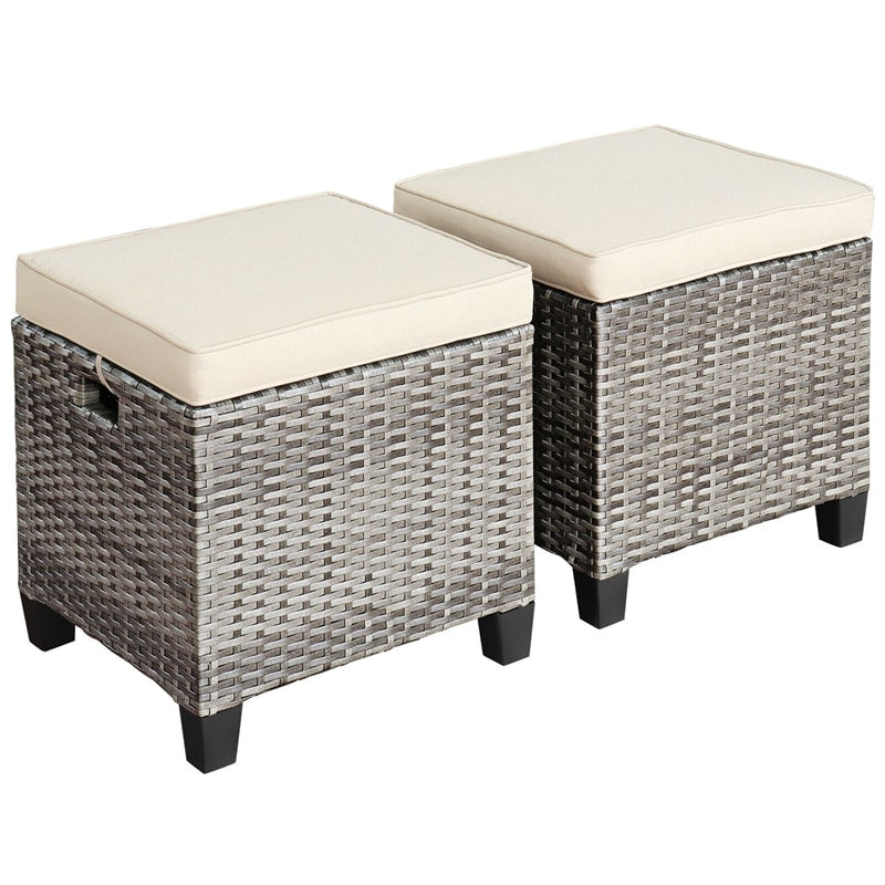 2 Pieces Wicker Patio Ottomans Outdoor Rattan Footstools with Removable Cushions