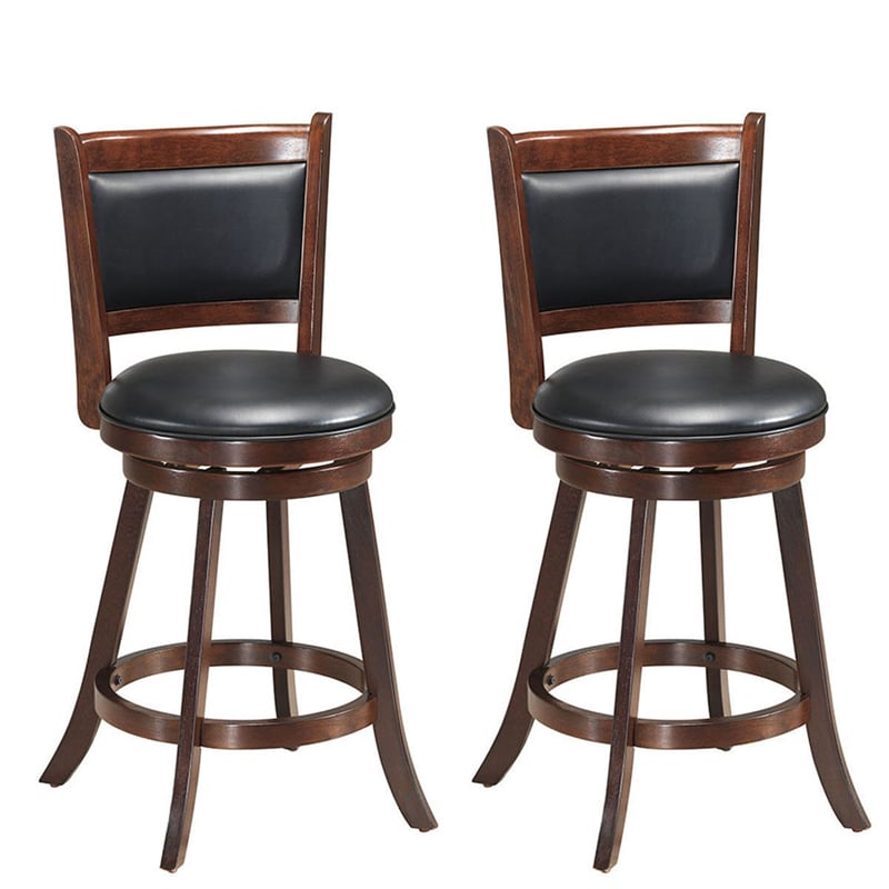24" Bar Stool Set of 2 Wooden Swivel Counter Height Bar Stools Leather Upholstered with PVC Cushioned Seat