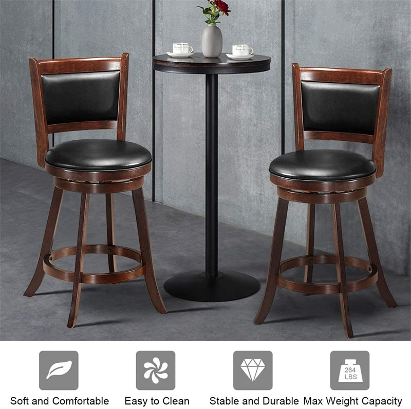 24" Wooden Swivel Counter Height Bar Stools Set of 2 High Back Upholstered Dining Chairs