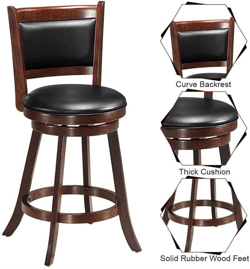 24" Swivel Bar Stool Set of 2 Upholstered Counter Height Bar Stools Wooden Dining Chair with PVC Cushioned Seat