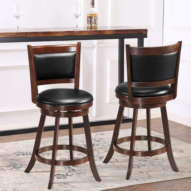 24" Swivel Bar Stool Set of 2 Upholstered Counter Height Bar Stools Wooden Dining Chair with PVC Cushioned Seat