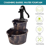 2-Tier Barrel Waterfall Fountain Rustic Wood Outdoor Water Fountain with Electric Pump for Garden Backyard Decor