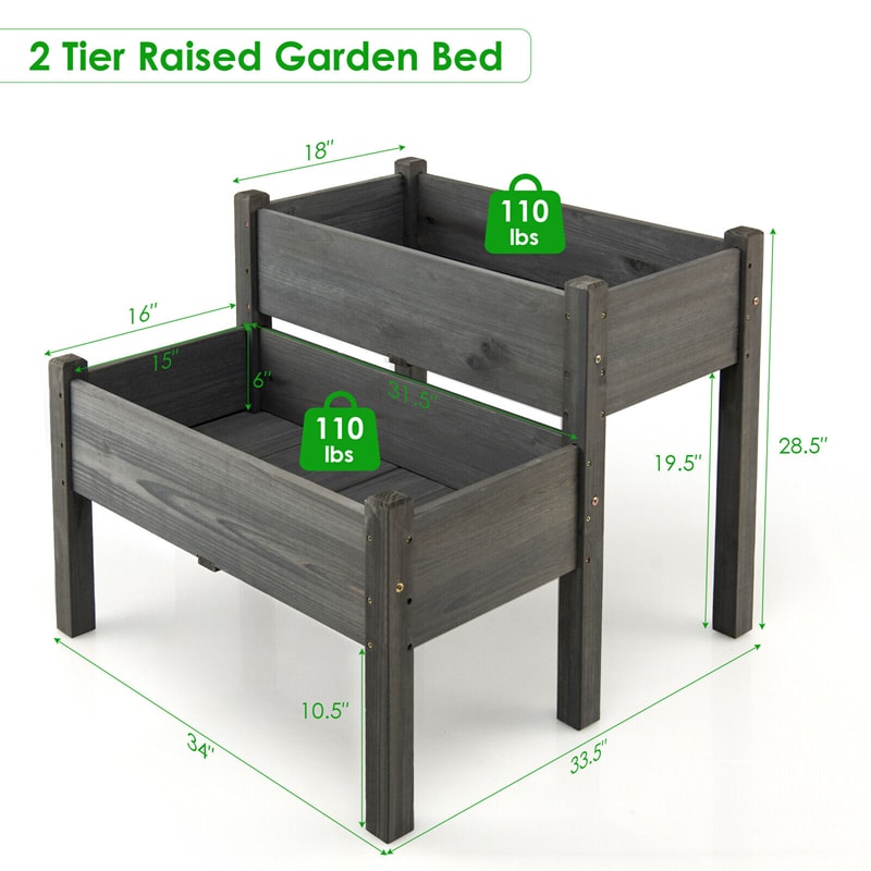 2-Level Wooden Raised Garden Bed Elevated Planter Box with Legs and Drain Holes