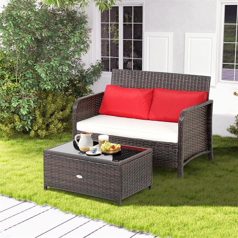 2-Piece Outdoor Wicker Furniture Set Patio Rattan Loveseat Set with Coffee Table & Cushions