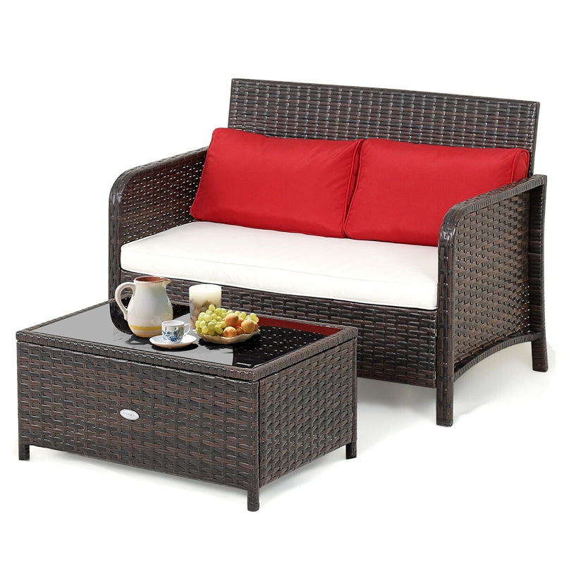 2-Piece Outdoor Wicker Loveseat Coffee Table Set Rattan Patio Conversation Set with Cushions