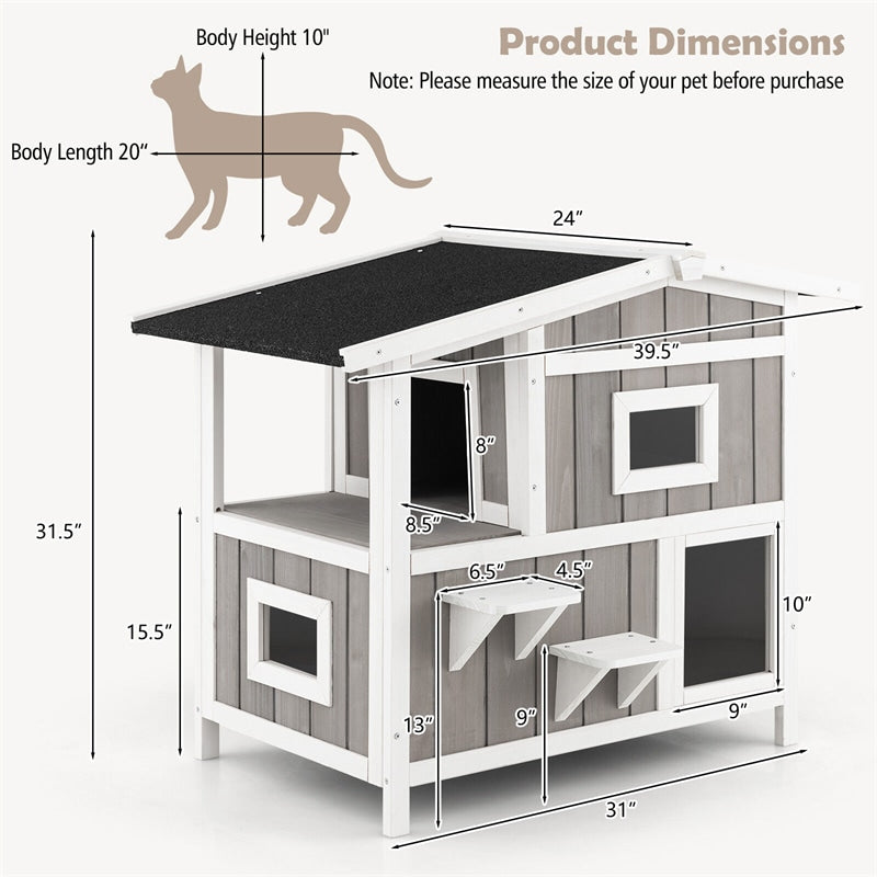2-Story Outdoor Cat House Weatherproof Wooden Feral Cat Shelter Kitten Condo Cage Furniture with Escape Door Balcony & 2 Jumping Platforms