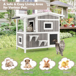 2-Story Outdoor Cat House Weatherproof Wooden Feral Cat Shelter Kitten Condo Cage Furniture with Escape Door Balcony & 2 Jumping Platforms