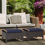 2 Piece Patio Rattan Ottomans Footrests Wicker Footstools with Acacia Wood Handles Soft Cushions