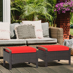 2 Piece Patio Rattan Ottomans Footrests Wicker Footstools with Acacia Wood Handles Soft Cushions
