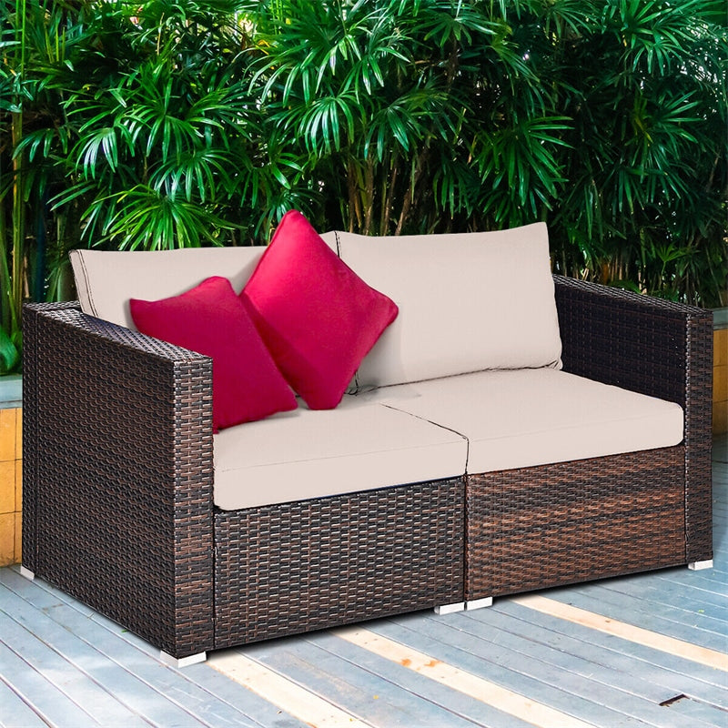 2 PCS Patio Rattan Corner Sofas Wicker Outdoor Loveseat with Cushions for Balcony Poolside Deck
