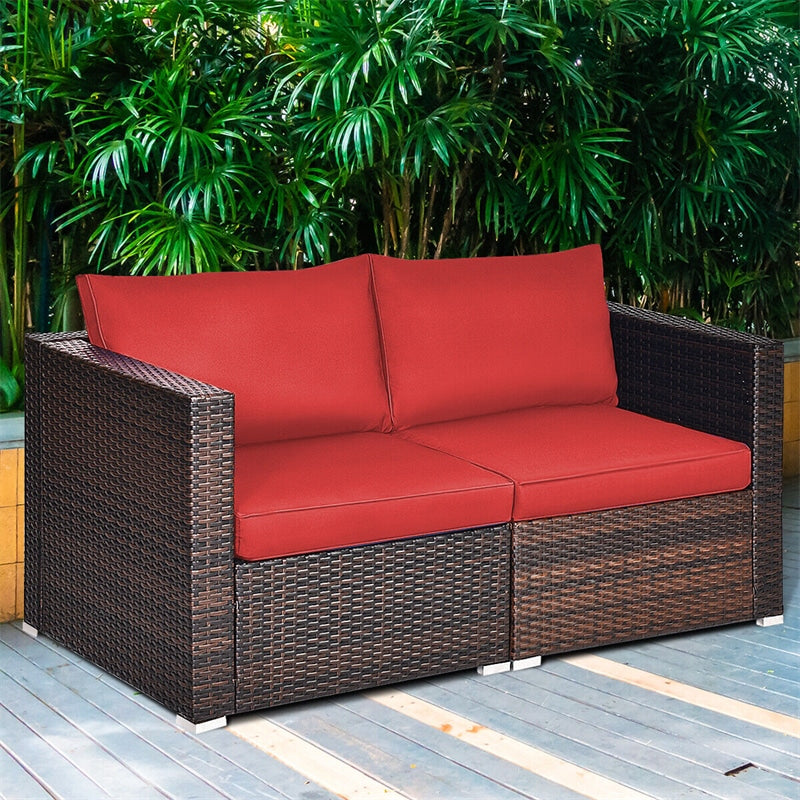 2 PCS Patio Rattan Sectional Corner Sofas Wicker Outdoor Loveseat with Cushions for Balcony Poolside Deck