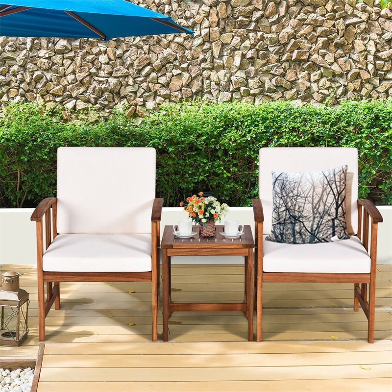 3-Piece Outdoor Acacia Wood Sectional Sofa Set Patio Conversation Set with Cushions & Coffee Table