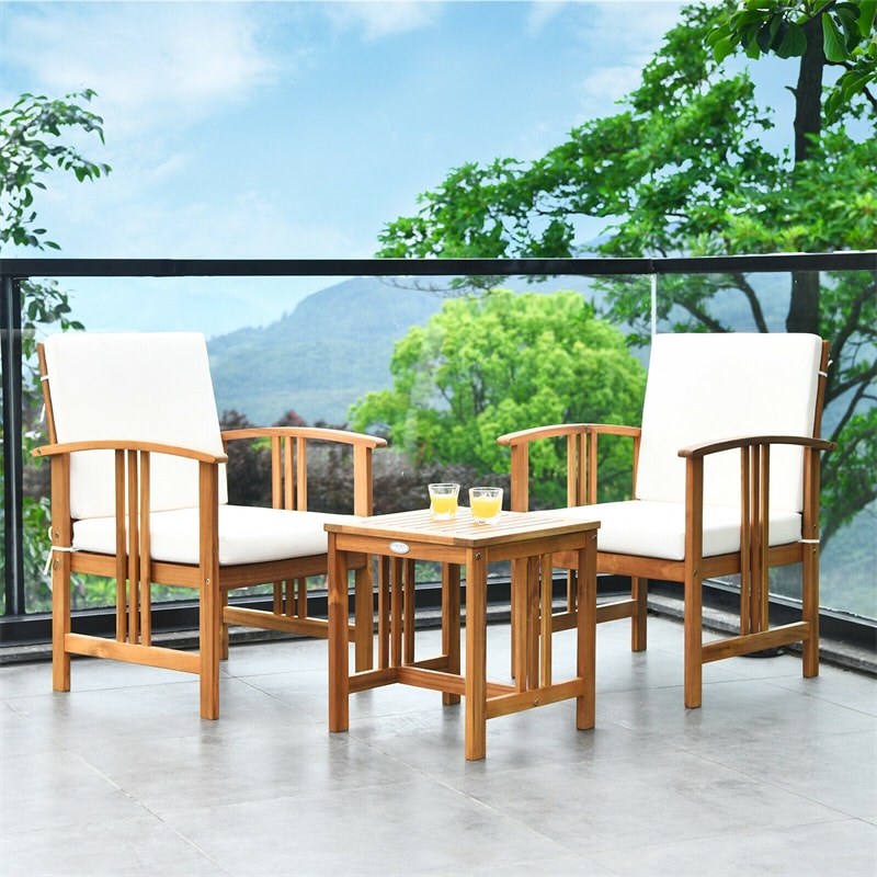 3-Piece Outdoor Acacia Wood Furniture Set Patio Bistro Set with Coffee Table & Cushions