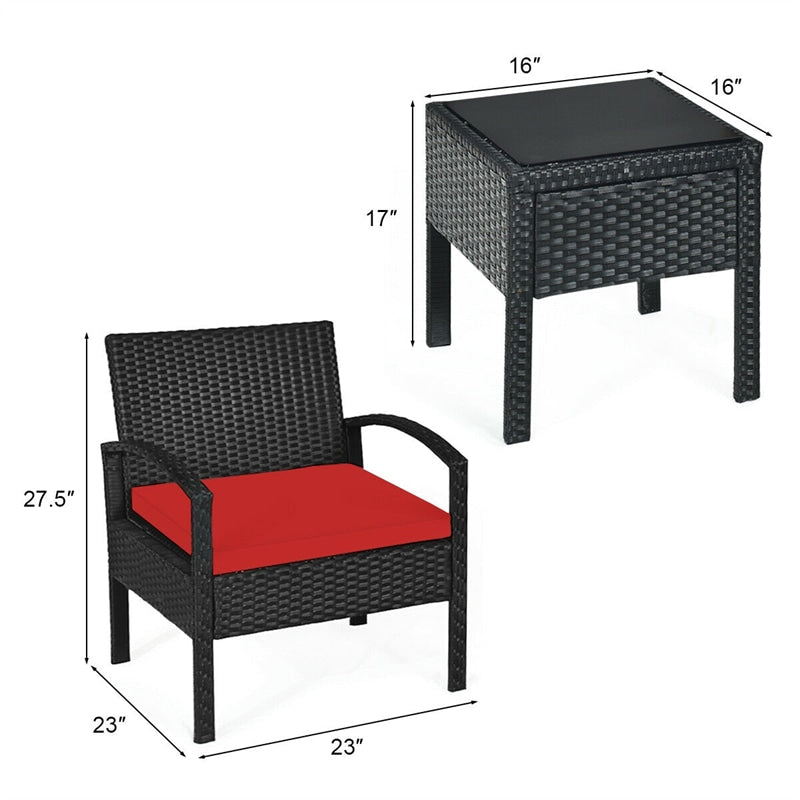 3-Piece Patio RattanConversation Set Wicker Bistro Furniture Set Cushioned Sofa Deck
