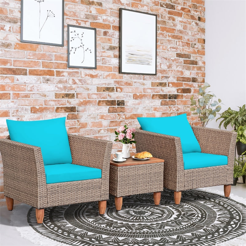 3-Piece Rattan Bistro Sofa Set Wicker Patio Furniture Set with Cushions & Side Table