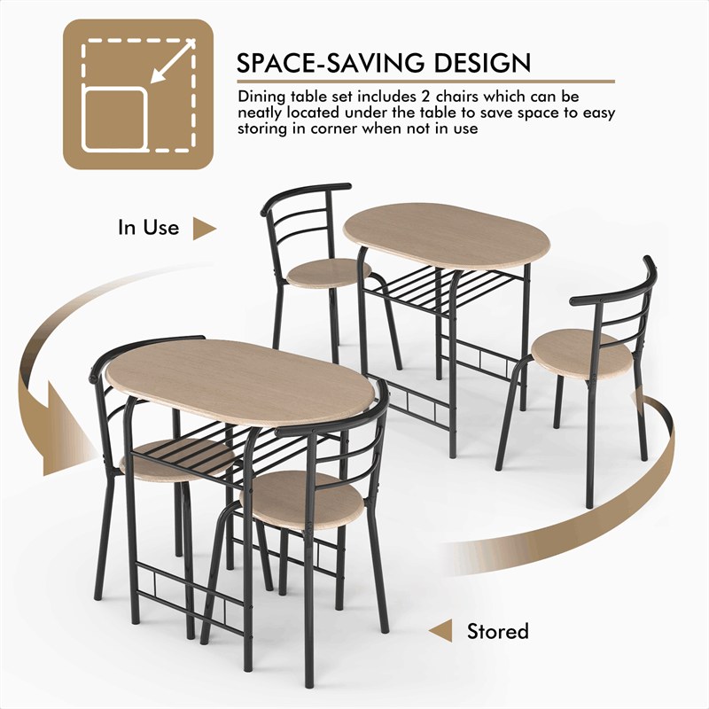 3-Piece Small Dining Table Chair Set Space-Saving Bistro Set with Shelf Storage & Metal Frame