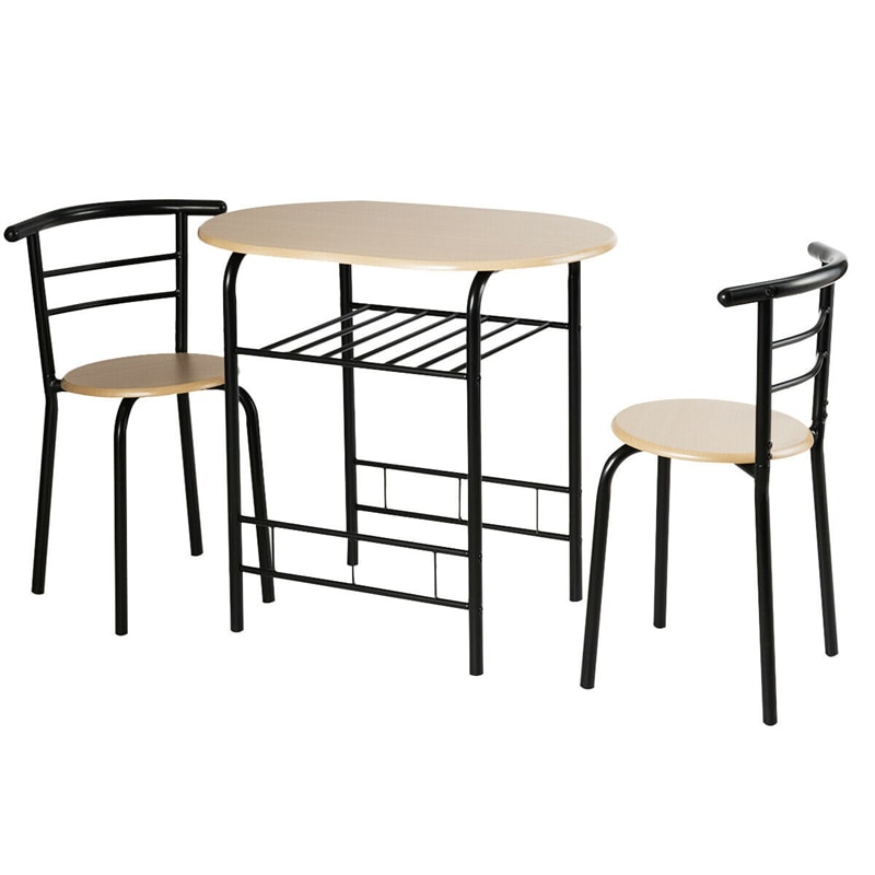 3-Piece Small Dining Table Chair Set Space-Saving Bistro Set with Shelf Storage & Metal Frame