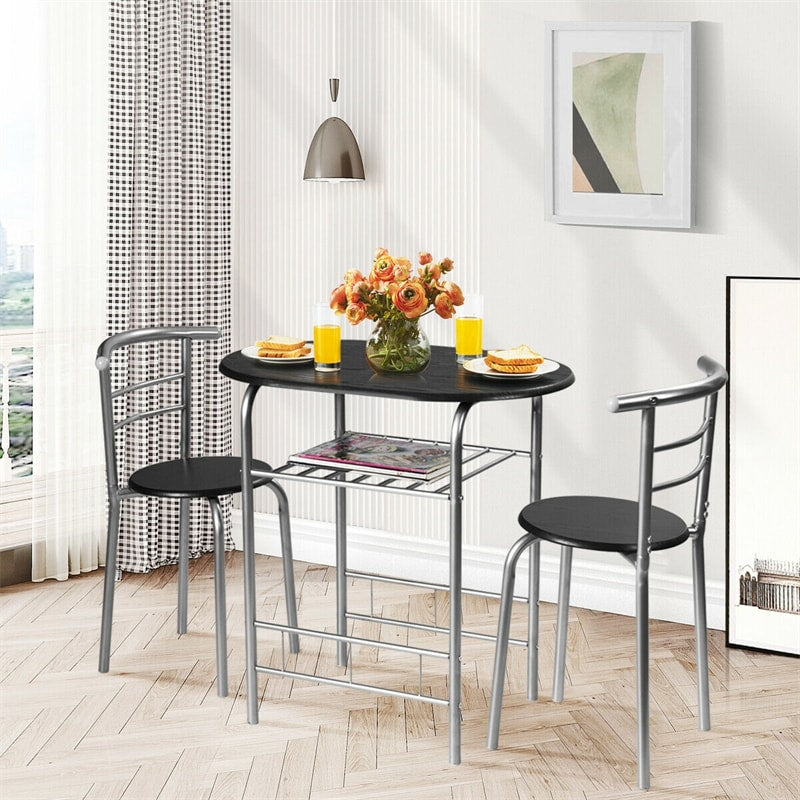 3-Piece Small Dining Table Chair Set Space-Saving Bistro Set with Shelf Storage & Metal Frame