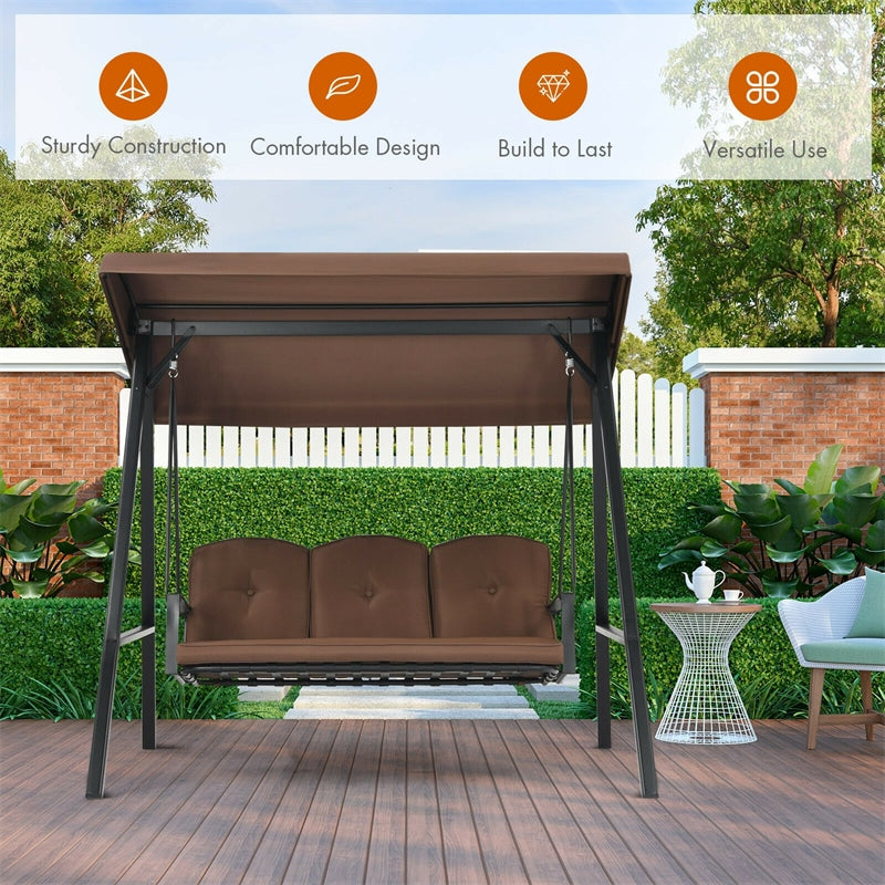 3-Seat Outdoor Porch Swing with Adjustable Tilt Canopy & Removable Cushions