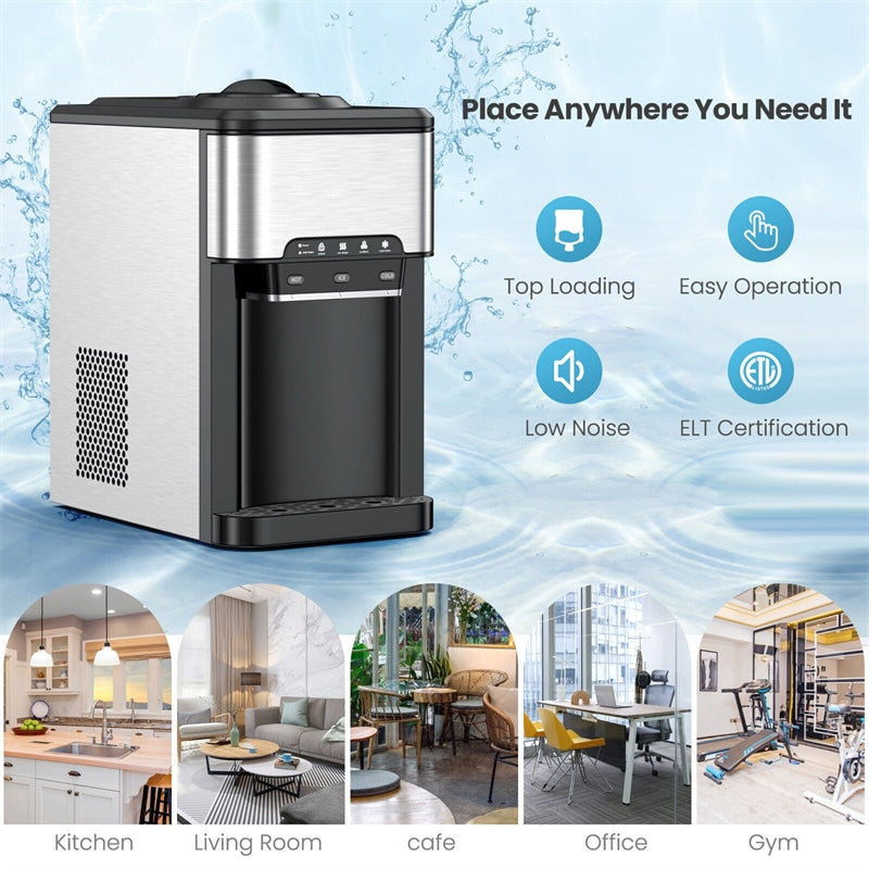 SOUKOO 3 in 1 Hot Cold Top Loading Water Dispenser with Built-in Ice Maker,  40lbs Daily Ice Cube Makers,Stainless Steel Ice Makers Countertop,Tabletop