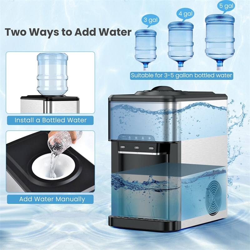 3-in-1 Countertop Water Cooler Dispenser Built-in Ice Maker, Hot & Cold Top-Loading Water Dispenser for Home