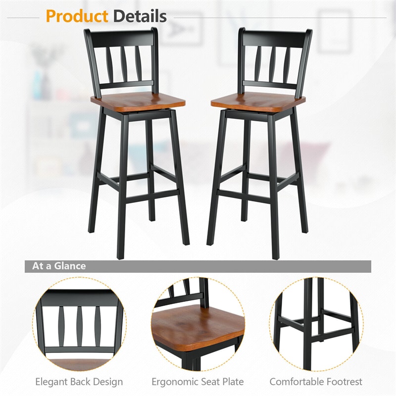 30.5" Swivel Bar Stools Set of 2 Solid Rubber Wood Bar Height Chairs with Footrests for Kitchen Counters Pub