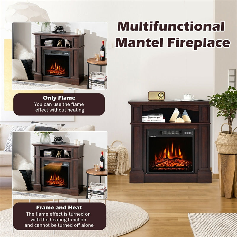 32" Electric Fireplace with Mantel 1400W Freestanding Fireplace Heater with Bookshelves & Remote Control