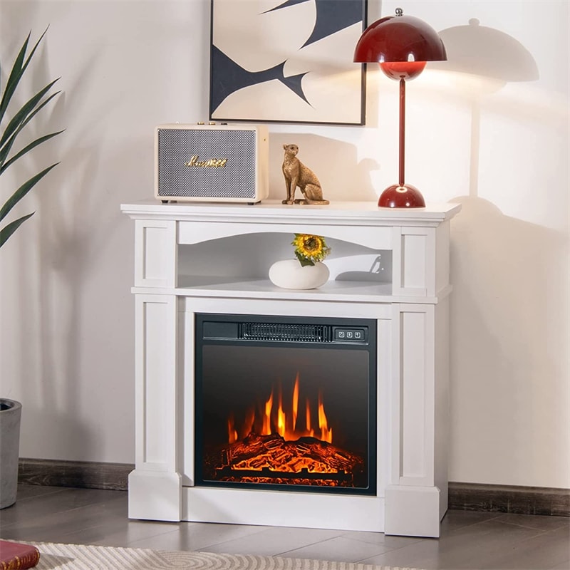 32" Electric Fireplace with Mantel, 1400W Freestanding Electric Fireplace Heater with Bookshelves & Remote Control