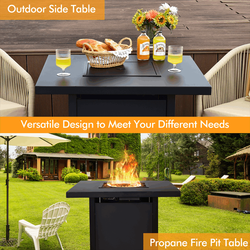 32 Inch Propane Fire Pit Table 40000 BTU Square Gas Firepit Table with Lid and Fire Glass