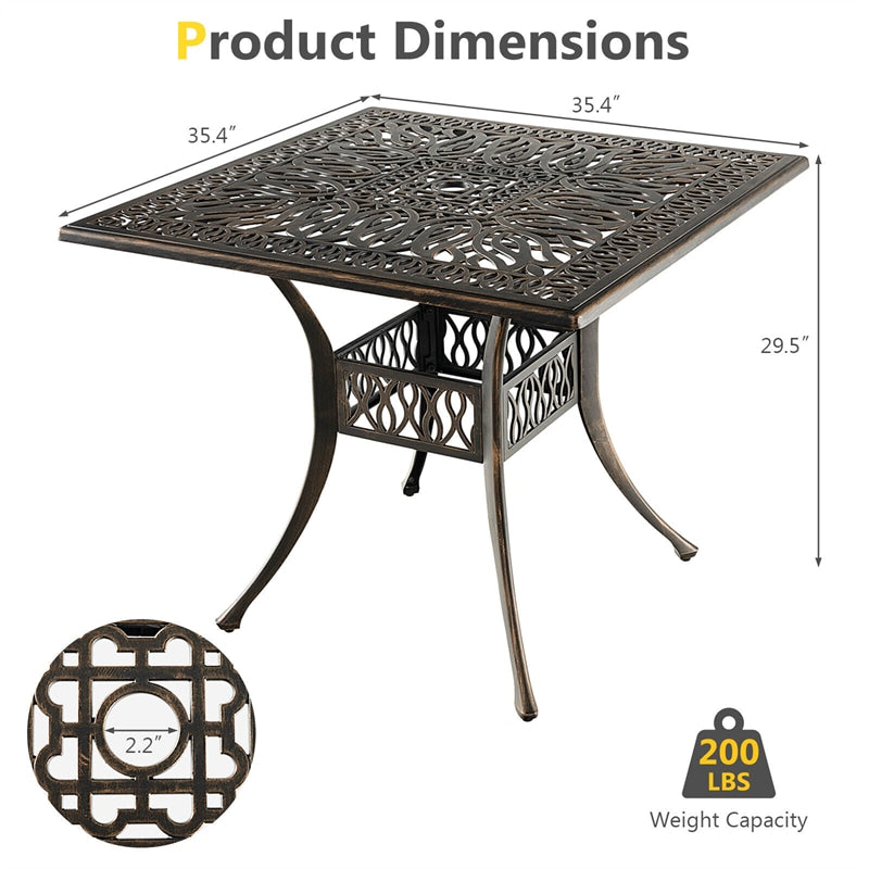 35.4" Square Patio Dining Table All-weather Cast Aluminum Outdoor Table with 2.2" Umbrella Hole for Garden Backyard Poolside
