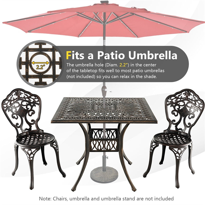 35.4" Square Patio Dining Table All Weather Cast Aluminum Outdoor Table with Umbrella Hole & Adjustable Footpads for Garden Backyard
