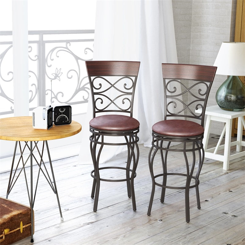 360° Swivel Bar Stools Set of 2 30" Counter Height Bar Stools Leather Padded Metal Dining Chairs