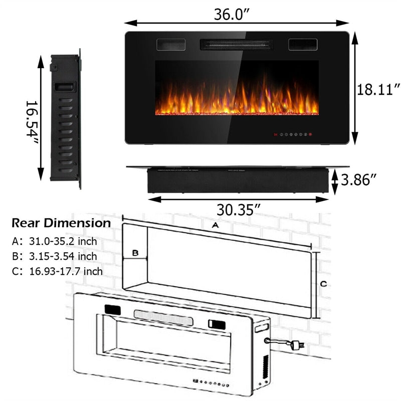 36" Recessed Electric Fireplace Ultra Thin Wall Mounted Fireplace with Touch Screen