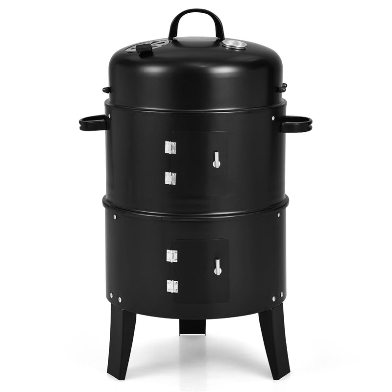 3 In 1 Portable Round Charcoal Smoker 2-Layer Outdoor BBQ Smoker Grill Built-in Thermometer