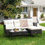 3 PCS Rattan Patio Conversation Set Wicker Outdoor 3-Seat Sofa Seating Group with Tempered Glass Coffee Table, Seat & Back Cushions
