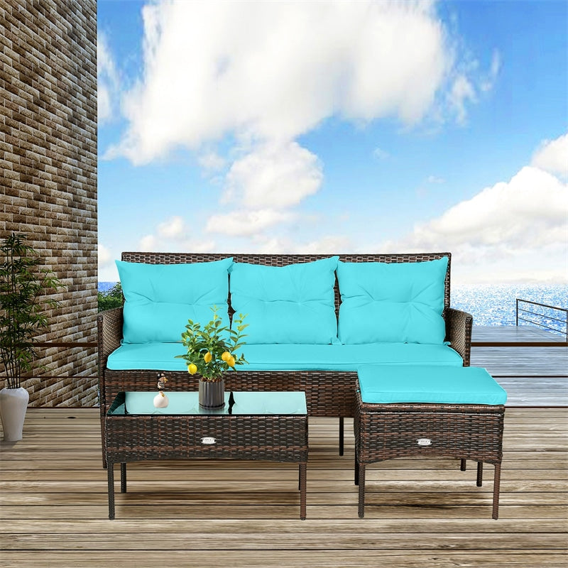 3 PCS Rattan Patio Conversation Set Wicker Outdoor Seating Group with Coffee Table & Cushions